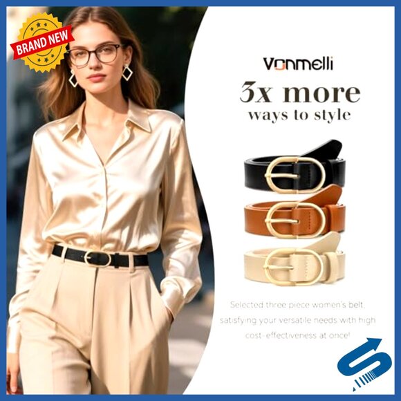 3 Pack Women\'s Faux Leather Belts Gold Buckle Dress Casual Jeans